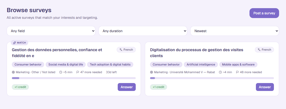 The survey detail page with the deal tile and the Open the survey button