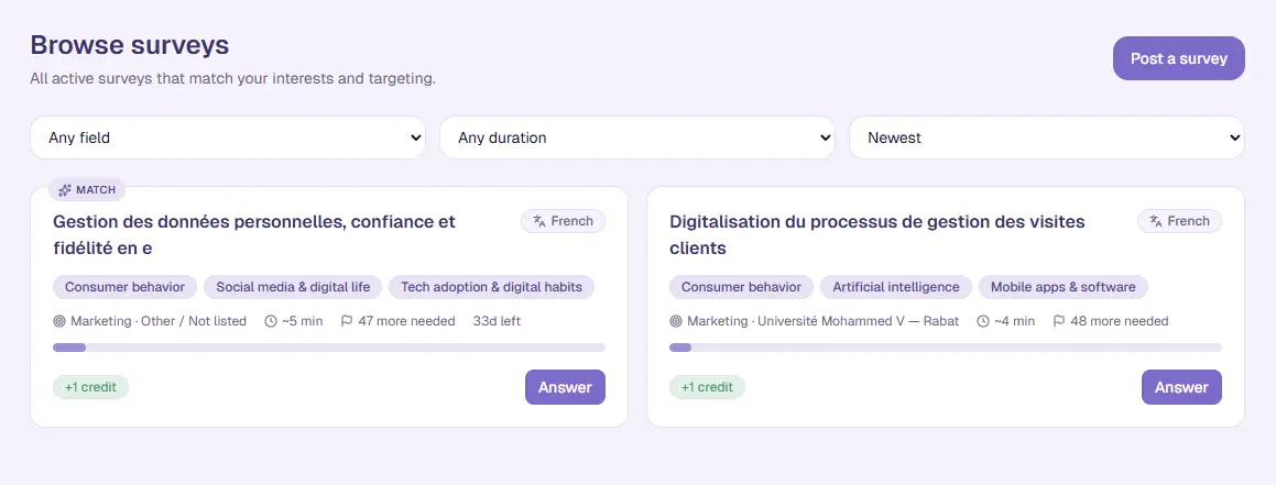 The survey detail page with the deal tile and the Open the survey button