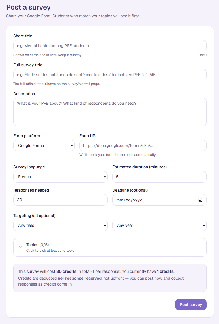 The Post a survey form with title, description, platform, URL, duration, and topic fields