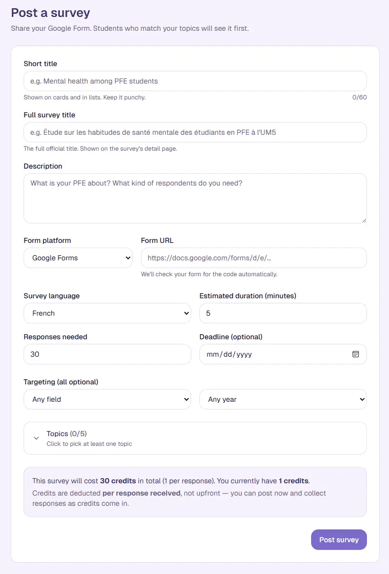 The Post a survey form with title, description, platform, URL, duration, and topic fields