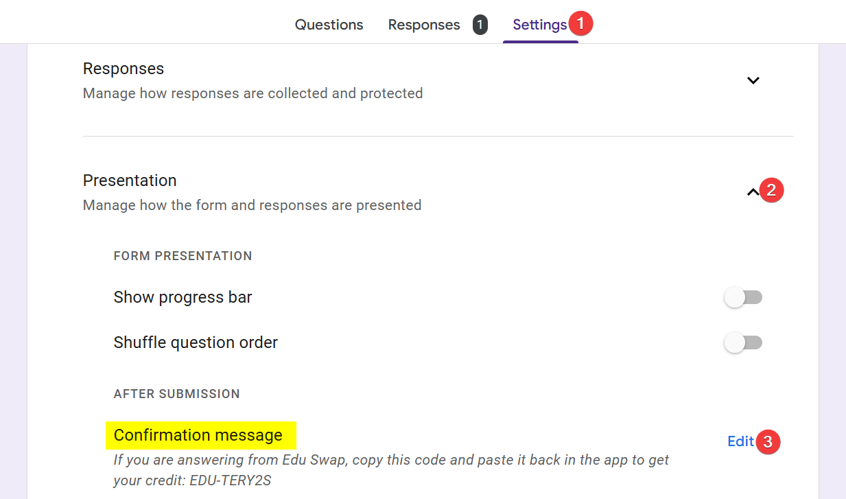 Owner view of an unverified survey: the validation-code card with the ready-to-paste text and the Settings → Presentation → Confirmation message instructions, plus the Verify form button
